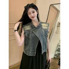 批发夏季新款休闲百搭牛仔夹克<b class='q'>马甲</b>背心女小个子复古港风立领水洗<b class='q'>外套</b>