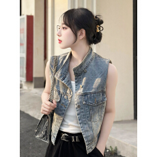 批发新中式<b class='q'>牛仔</b>坎肩无袖<b class='q'>马甲女</b>欧货夏薄款设计感复古马夹外套叠穿上衣