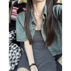 批发复古简约牛仔小坎肩吊带裙外搭女夏显瘦短袖薄款外套小个子<b class='q'>衬衫</b>潮