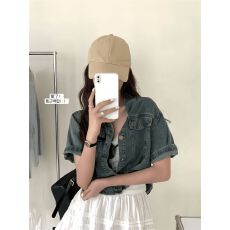 批发小个子复古港风短袖牛仔<b class='q'>衬衫</b>外套女夏季新款宽松开衫外搭短款上衣