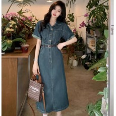 批发复古收腰<b class='q'>牛仔</b>连衣裙女夏季新款法式高级感小个子气质港风长款