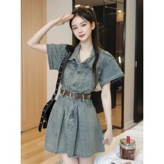 批发复古<b class='q'>牛仔</b>连衣裙女春夏港风法式辣妹气质修身显瘦小个子配皮带短裙