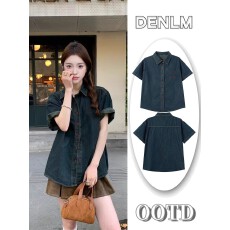 批发休闲薄款慵懒风夏季女士短袖<b class='q'>牛仔</b>衬衫小众设计刺绣宽松韩系上衣