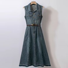 批发薄款无袖<b class='q'>牛仔</b><b class='q'>连衣裙</b>夏季新款女气质女神范港风复古腰带收腰中长裙