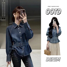 批发韩版复古设计感<b class='q'>牛仔</b><b class='q'>衬衫</b>女早春季小个子收腰系带显瘦掐腰上衣外套