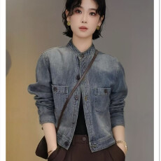 批发美式复古水洗立领<b class='q'>牛仔</b>短外套女2026春季高级感小个子显瘦夹克<b class='q'>上衣</b>