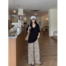 批发松弛感慵懒时尚套<b class='q'>装</b>女夏季宽松<b class='q'>T</b><b class='q'>恤</b>遛弯条纹阔腿<b class='q'>裤</b><b class='q'>两件</b>