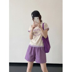 夏季穿搭撞色拼接短袖短裤两件套休闲运动服套装女