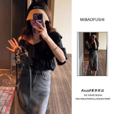 批发<b class='q'>夏</b>季气质穿搭女2025新款韩版露肩荷叶边衬衫开叉牛仔半身裙两件套