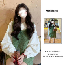 批发2025年秋新款韩系穿搭一整套装女韩版泡泡袖衬衫针织<b class='q'>背心</b>裙两件套