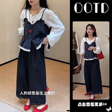 批发超火早秋穿搭一整套女2025新款波点假两件<b class='q'>衬衫</b>百搭阔腿裤两件套