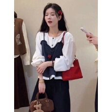 批发超火早秋穿搭一整套女2025新款波点假两件<b class='q'>衬衫</b>百搭阔腿裤两件套