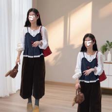 批发超火早秋穿搭一整套女2025新款波点假两件<b class='q'>衬衫</b>咖色阔腿裤两件套