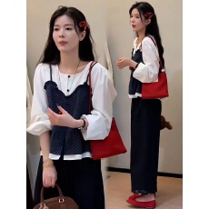 批发超火早秋穿搭一整套女2025新款波点假两件<b class='q'>衬衫</b>百搭阔腿裤两件套