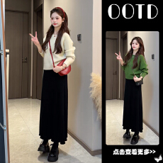 批发超火秋季穿搭一整套2025新款<b class='q'>韩版</b>圆领针织衫百搭高腰半身裙两件套