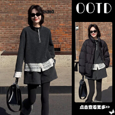 批发秋冬流行穿搭一整套<b class='q'>女</b>2025新款棉服外套拼接蕾丝卫衣<b class='q'>短裤</b>三件套