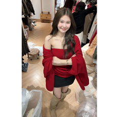 批发秋冬流行穿搭一整套女2025新款圣诞红色开衫<b class='q'>吊带</b>百搭短裙三件套