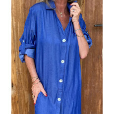 批发女装秋季优雅天丝麻仿牛仔面料长袖中长连衣裙