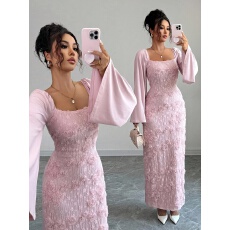 批发女士秋冬季新款时尚优雅方领喇叭袖花卉装饰长袖连衣裙适合约会