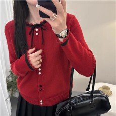 实拍秋冬女装 锯齿圆领针织开衫千绒纱