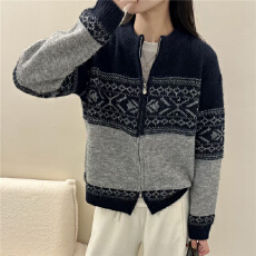 批发圆领拉链菱形花拼色<b class='q'>针织</b><b class='q'>开衫</b>[1101]