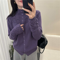 批发半高领纯色<b class='q'>镂空</b>针织开<b class='q'>衫</b>[1058