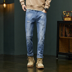 批发破洞牛仔裤男破洞裤子弹性中高腰男装<b class='q'>小脚裤</b>浅蓝色长裤青少年