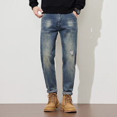 批发牛仔裤男修身<b class='q'>小脚裤</b>子韩版潮流百搭<b class='q'>破洞</b>补丁男裤中高腰弹力牛仔