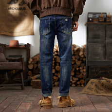 批发纯棉牛仔裤男复古蓝裤子弹性中高腰男装小脚裤小直脚长裤青少年