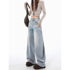 批发美式复古阔腿牛仔裤女2025秋季新款高腰显瘦刺绣褶皱宽松直筒裤子