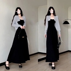 批发黑色吊带<b class='q'>连衣裙</b>子女2024新款早秋季韩系穿搭一整套高级感套装长裙