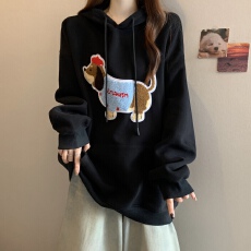批发胖MM美式复古腊肠小狗印花连帽卫衣女秋季慵懒风宽松显瘦长袖上衣
