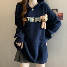 批发胖MM美式小熊玩偶刺绣连帽卫衣女秋季新款休闲情侣外套