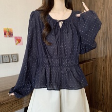 批发胖MM束腰波点<b class='q'>衬衣</b>女2025秋季新款圆领长袖上衣宽松洋气<b class='q'>衬衫</b>