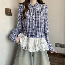 批发胖mm春季新款假两件Polo领格子长袖衬衫女法式蕾丝拼接裙摆上衣