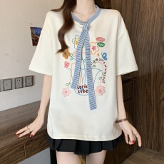 批发胖mm春<b class='q'>夏</b>新款条纹拼接绑带圆领T恤女宽松时尚短袖上衣