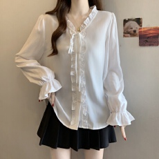 批发胖mm2026春季新款法式v领木耳边系带衬衫女宽松显瘦女士衬衣上衣