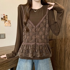 批发胖MM春季新款时尚百搭宽松显瘦弹力针织拼接蕾丝长袖假两件上衣女