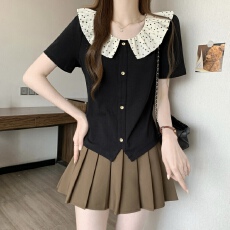 批发<b class='q'>胖</b><b class='q'>MM</b><b class='q'>夏季</b>新款波点荷叶边短袖T恤女黑色显瘦遮肉上衣法式小衫