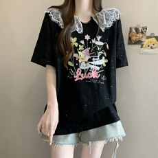 批发<b class='q'>胖</b><b class='q'>MM</b><b class='q'>夏季</b>新款蕾丝花边亮片印花短袖T恤女宽松遮肚时尚百搭上衣