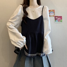 批发胖MM秋季新款慵懒风女圆领长袖<b class='q'>衬衫</b>宽松显瘦百搭吊带上衣套装