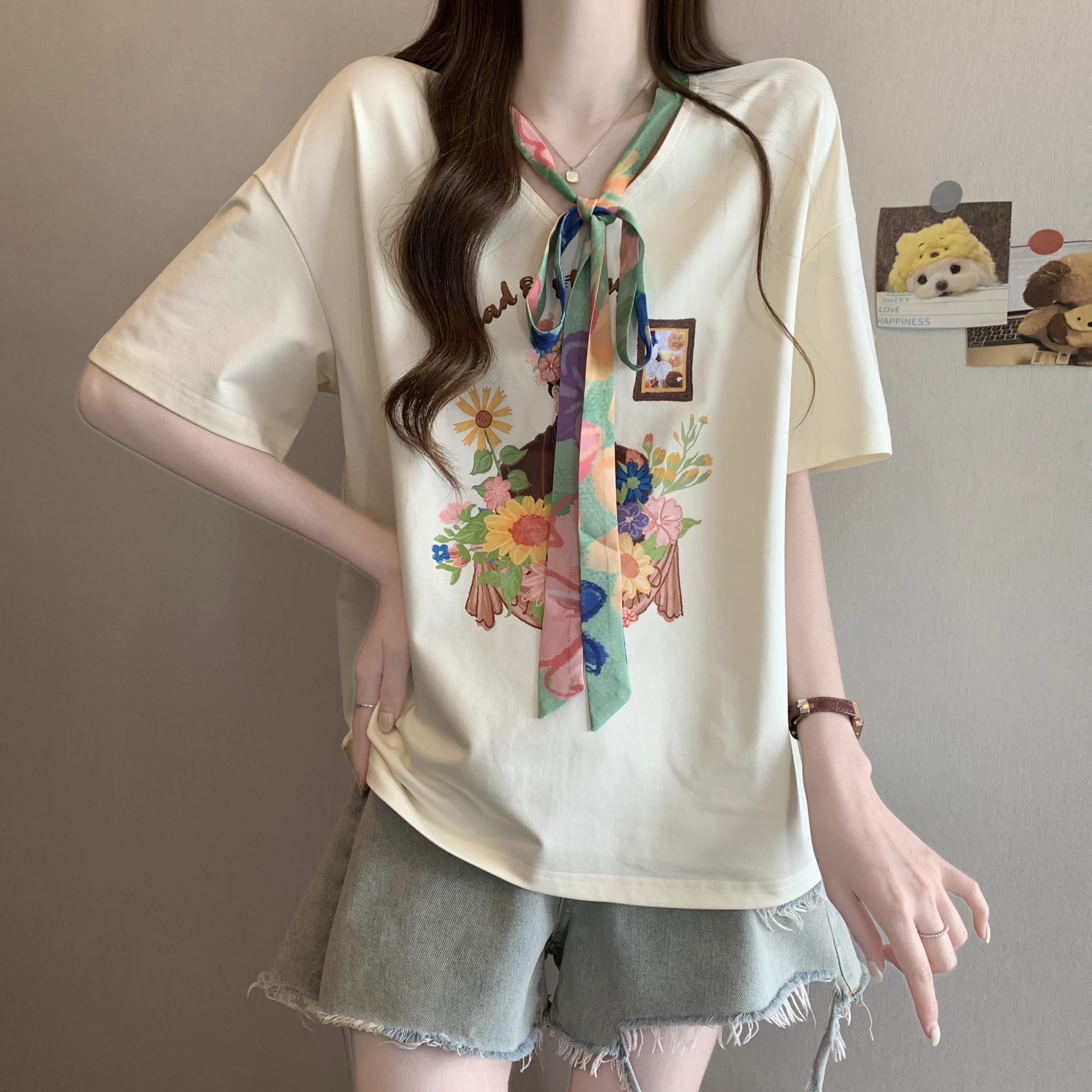 RY1680# 胖MM夏季新款绑带v领印花短袖T恤女遮肉显瘦宽松百搭T恤上...