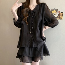 批发胖MM夏季黑色V领木耳边灯笼袖雪纺衬衫女显瘦遮肉时尚休闲两件套