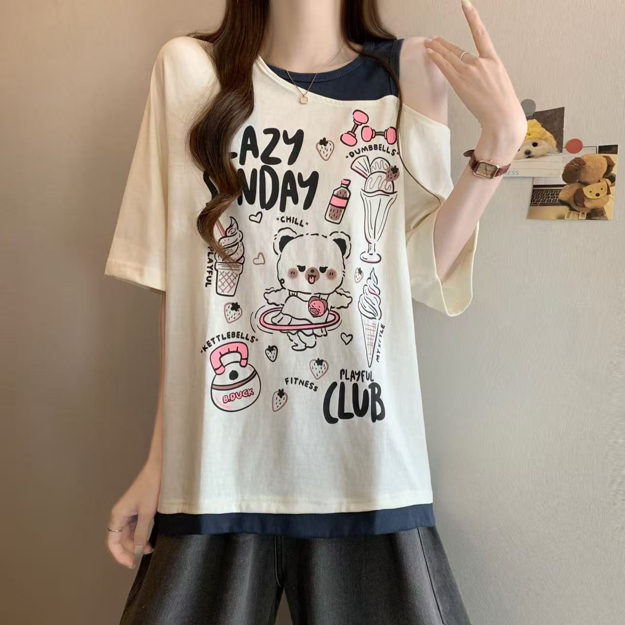 RY1681# 胖MM夏季新款假两件斜肩宽松印花短袖T恤女宽松显瘦百搭上衣