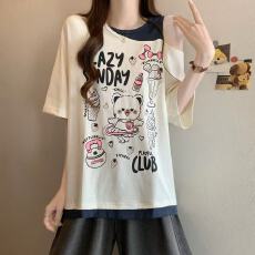 批发<b class='q'>胖</b><b class='q'>MM</b><b class='q'>夏季</b>新款假两件斜肩宽松印花短袖T恤女宽松显瘦百搭上衣