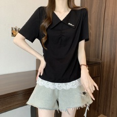 批发<b class='q'>胖</b><b class='q'>MM</b><b class='q'>夏季</b>新款时尚娃娃领褶皱蕾丝拼接短袖T恤女修身显瘦百搭上衣