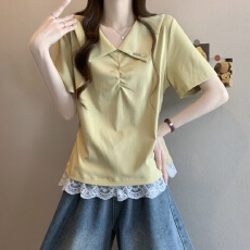 批发<b class='q'>胖</b><b class='q'>MM</b><b class='q'>夏季</b>新款时尚娃娃领褶皱蕾丝拼接短袖T恤女修身显瘦百搭上衣