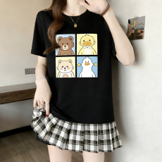 批发胖MM夏季新款撞色格纹拼接卡通印花短袖T恤女显瘦遮肉减龄上衣t恤