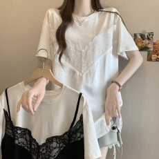 批发胖MM夏季新款假两件蕾丝吊带拼接圆领短袖T恤女宽松显瘦百搭上衣