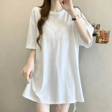 批发胖MM夏季新款假两件蕾丝吊带拼接短袖圆领T恤女宽松休闲显瘦上衣